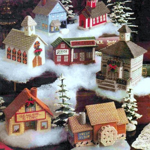 Plastic Canvas Christmas Holiday Village  Toy Town Mini Houses Miniatures Church School Ornament Table Decoration