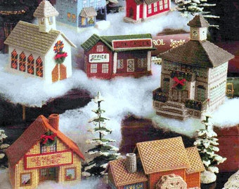 Plastic Canvas Christmas Holiday Village  Toy Town Mini Houses Miniatures Church School Ornament Table Decoration