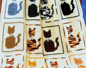 INSTANT DOWNLOAD PDF Vintage Crochet Pattern for Cat Afghan Throw Blanket Kittens Cats Retro