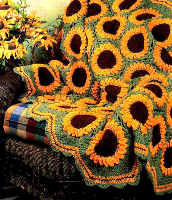 Vintage Crochet Pattern Sunflowers Afghan Throw Blanket