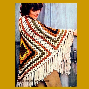 vintage Crochet Pattern Quick Grandma Square Shawl Wrap Poncho Retro 1970s