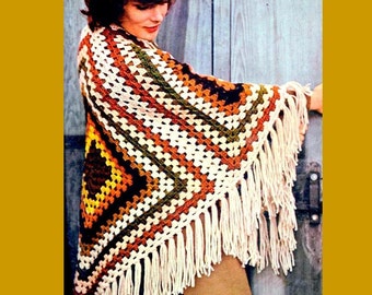 Vintage Crochet Pattern    Quick Granny Square  Shawl Wrap Poncho Retro 1970s