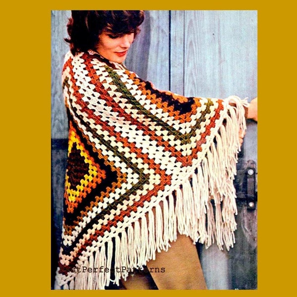 vintage Crochet Pattern Quick Grandma Square Shawl Wrap Poncho Retro 1970s