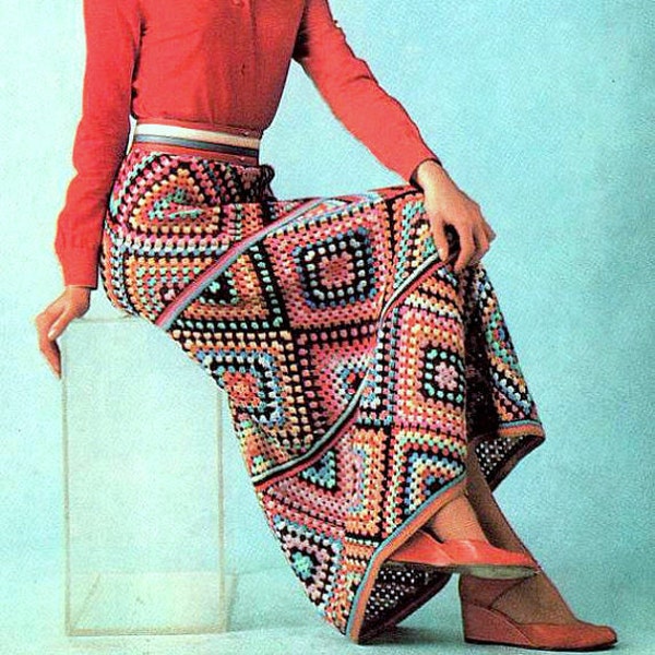 INSTANT DOWNLOAD PDF  Vintage Crochet Pattern   Granny Squares Maxi Skirt  Retro Boho Festival