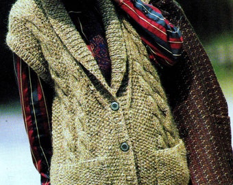 INSTANT DOWNLOAD PDF Vintage Knitting Pattern  Chunky Tweed Cable and Moss Stitch Seed Stitch Waistcoat Vest