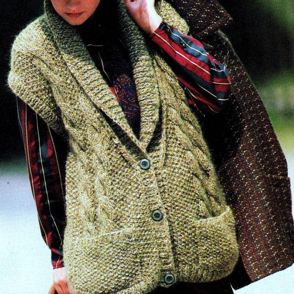 INSTANT DOWNLOAD PDF Vintage Knitting Pattern  Chunky Tweed Cable and Moss Stitch Seed Stitch Waistcoat Vest