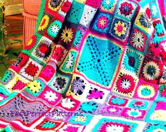 INSTANT DOWNLOAD PDF Vintage Crochet Pattern for Granny Square Patchwork Garden Afghan Throw Blanket  Retro