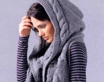 INSTANT DOWNLOAD PDF  Knitting Pattern  Hooded Scarf  Aran Cable Fringe  Cowl Snood Hood Hat Scarf   Easy Knit