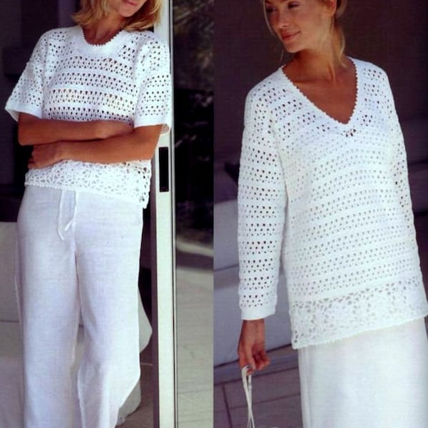 Crochet Pattern vintage Long Line Tunic Sweater Jumper V Neck ou Crew Beach Cover up Small to Plus Size INSTANT DOWNLOAD PDF