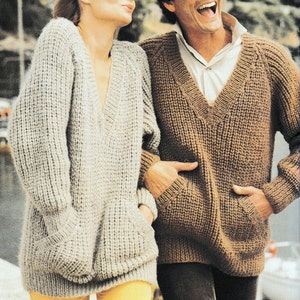 Vintage Knitting Pattern  Bulky Chunky Unisex Sweater  Jumper Pullover Tunic Oversized Sloppy Joe Fishermans Rib INSTANT DOWNLOAD PDF