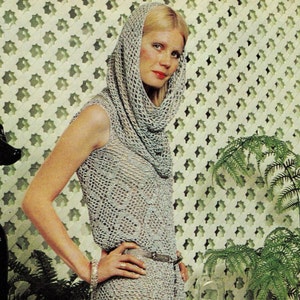 SALE ***  PDF Vintage Crochet Pattern     Silver Maxi Evening Dress with separate Cowl Hood  Retro Christmas Prom Party Wedding