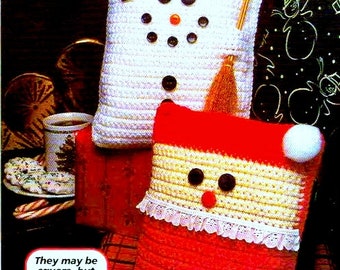 INSTANT DOWNLOAD PDF Vintage Crochet Pattern for Santa and Snowman Cushions  Father Christmas Cushion Pillow Holiday Decor Simple Crochet