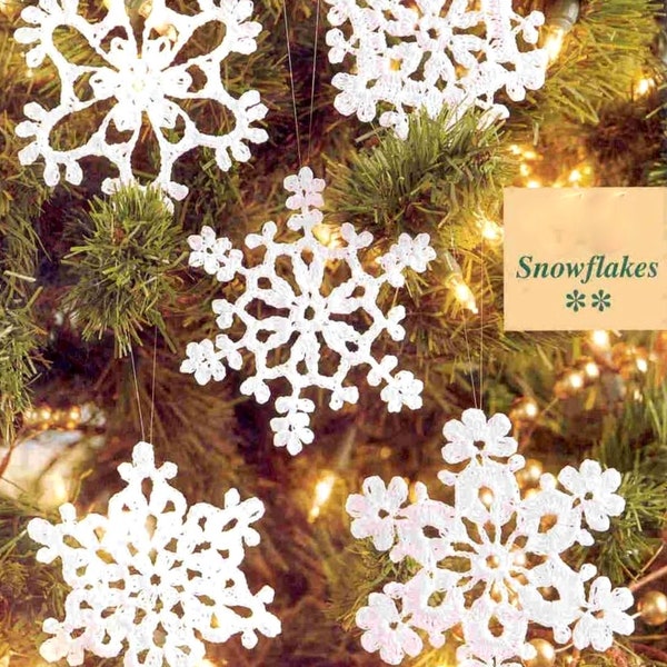 Vintage Crochet Pattern  Five Snowflakes   Christmas Tree Decorations   Tree Trims  Holiday Ornaments White Thread Holiday Decor