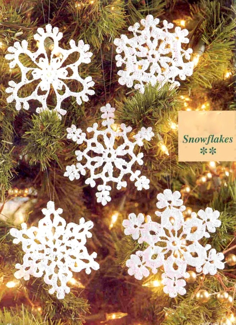 Vintage Crochet Pattern Five Snowflakes Christmas Tree Decorations Tree Trims Holiday Ornaments White Thread Holiday Decor image 1