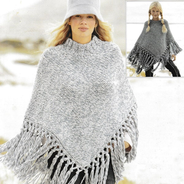 Vintage Knitting Pattern  Ladies and Girls Fringed Poncho   Super Chunky Bulky  Cape Wrap Cloak  INSTANT DOWNLOAD