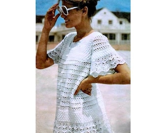 Vintage Crochet Pattern   Lace Beach Cover Up  Baby Doll Dress Tunic  Mini Retro Plus Free Pattern