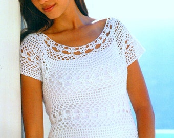 Vintage Crochet Pattern  Summer Cotton Shell Top  Vest Blouse Mesh Flower INSTANT DOWNLOAD PDF