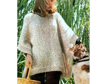 Vintage Knitting Pattern  Ladies Poncho   Chunky Bulky   Easy Knit  Cape Wrap Cloak Keep Warm  INSTANT DOWNLOAD