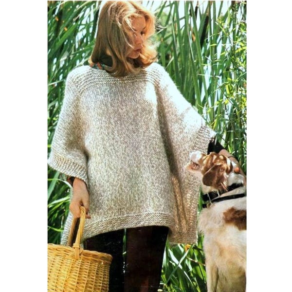 Vintage Knitting Pattern  Ladies Poncho   Chunky Bulky   Easy Knit  Cape Wrap Cloak Keep Warm  INSTANT DOWNLOAD