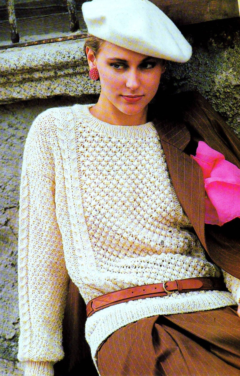 INSTANT DOWNLOAD PDF Vintage Knitting Pattern Aran Sweater Jumper Irish Moss Stitch and Cable image 3