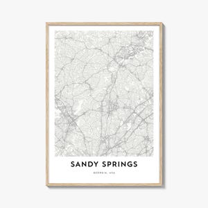 Impression de carte de Sandy Springs, cadeau de carte de Sandy Springs, affiche de Sandy Springs, oeuvre d'art de plan de la ville pour la maison et le bureau, Géorgie