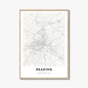 Impression de carte de Reading en Pennsylvanie, cadeau de carte de lecture, affiche de lecture, oeuvre d'art de plan de la ville pour la maison et le bureau,