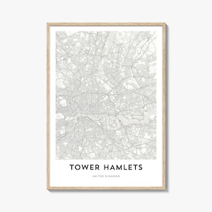 Póster con mapa de Tower Hamlets, arte mural del este de Londres, decoración de Inglaterra, ciudad del Reino Unido