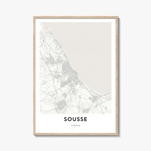 Impression de carte de Sousse, cadeau de carte de Sousse, affiche de Sousse, oeuvre d'art de plan de la ville pour la maison et le bureau, Tunisie