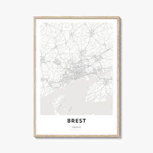 Impression de carte de Brest, cadeau de carte de Brest, affiche de Brest, oeuvre d'art de plan de la ville pour la maison et le bureau, France