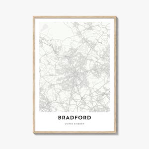 Print kaart van Bradford, cadeau Bradford-kaart, Bradford-poster, kunstwerk stadsplattegrond voor thuis en op kantoor, Verenigd Koninkrijk