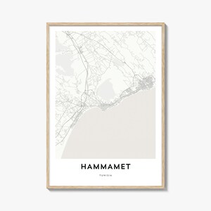Impression de carte d'Hammamet, cadeau carte d'Hammamet, affiche d'Hammamet, oeuvre d'art de plan de la ville pour la maison et le bureau, Tunisie