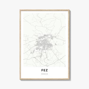 Impression de carte de Fès, cadeau de carte de Fès, affiche de Fès, oeuvre d'art de plan de la ville pour la maison et le bureau, Maroc