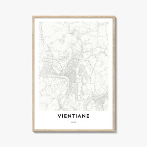 Impression carte de Vientiane, cadeau carte de Vientiane, affiche de Vientiane, oeuvre d'art de plan de la ville pour la maison et le bureau, Laos