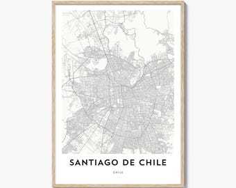 Impresión de póster con mapa de Santiago de Chile, arte mural de Chile, decoración de Santiago, calles de la ciudad chilena