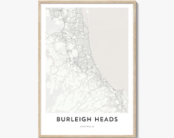 Burleigh Heads Map Poster Print, Gold Coast Wall Art, Queensland Decor, Australia City Street