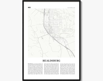 Healdsburg-Stadtplan als Kunstdruck, Zeitungsposter, Stadtreise-Wanddeko