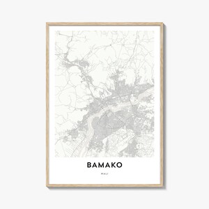 Impression de carte de Bamako, cadeau carte de Bamako, affiche de Bamako, oeuvre d'art de plan de la ville pour la maison et le bureau, Mali