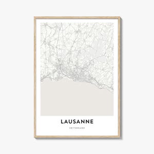 Impression de carte de Lausanne, cadeau carte de Lausanne, affiche de Lausanne, oeuvre d'art de plan de la ville pour la maison et le bureau, Suisse