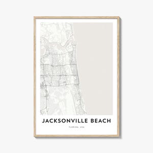Impression de carte de Jacksonville Beach, cadeau carte de Jacksonville Beach, affiche de Jacksonville Beach, oeuvre d'art de plan de la ville pour la maison et le bureau, Floride