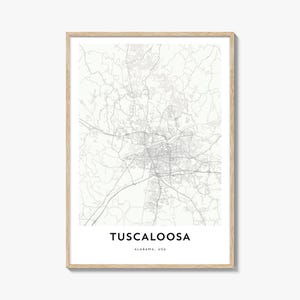 Impression de carte de Tuscaloosa, cadeau de carte de Tuscaloosa, affiche de Tuscaloosa, oeuvre d'art de plan de la ville pour la maison et le bureau, Alabama