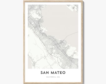 Póster con mapa de San Mateo, arte mural del Área de la Bahía, decoración de California, calle de la ciudad de EE. UU.