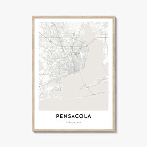 Print kaart van Pensacola, cadeau kaart Pensacola, poster Pensacola, kunstwerk stadsplattegrond voor thuis en op kantoor, Florida