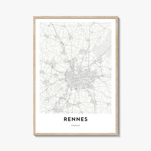 Impression de carte de Rennes, cadeau de carte de Rennes, affiche de Rennes, oeuvre d'art de plan de ville pour la maison et le bureau, France