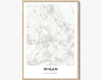 Wigan Map Poster Print, Greater Manchester Wall Art, England Decor, United Kingdom City Street