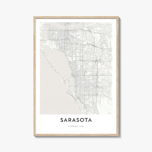 Kaart van Sarasota-print, Sarasota-kaartcadeau, Sarasota-poster, stadsplattegrondkunstwerk voor thuis en op kantoor, Florida