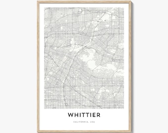 Whittier Map Poster Print, California Wall Art, USA Decor, Los Angeles County City Street