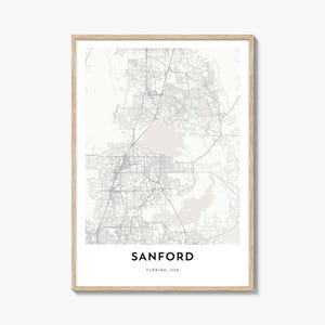 Print kaart van Sanford, cadeau Sanford-kaart, Sanford-poster, kunstwerk stadsplattegrond voor thuis en op kantoor, Florida