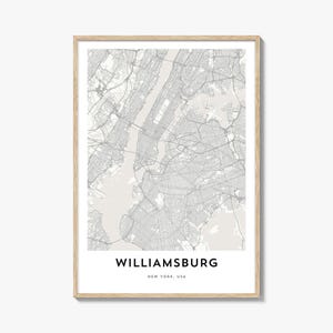 Impression de carte de Williamsburg New York, cadeau de carte de Williamsburg, affiche de Williamsburg, oeuvre d'art de plan de la ville pour la maison et le bureau,