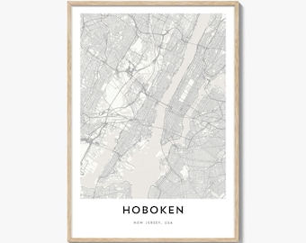 Hoboken Map Poster Print, New Jersey Wall Art, USA Decor, Hudson River City Street