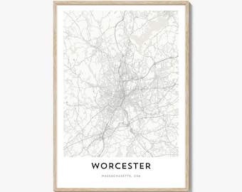 Worcester Map Poster Print, Massachusetts Wall Art, USA Decor, New England City Street Artwork